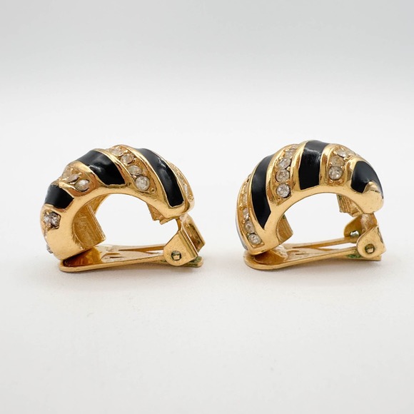 Christian Dior Gold Tone Half Hoop Clip-On Earrings Black Enamel Clear Stones - Picture 7 of 13